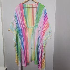 Bleu Rod Beattie Gypset Sheer Pom Pom Cinched Waist Tunic Swim Cover Up Poncho